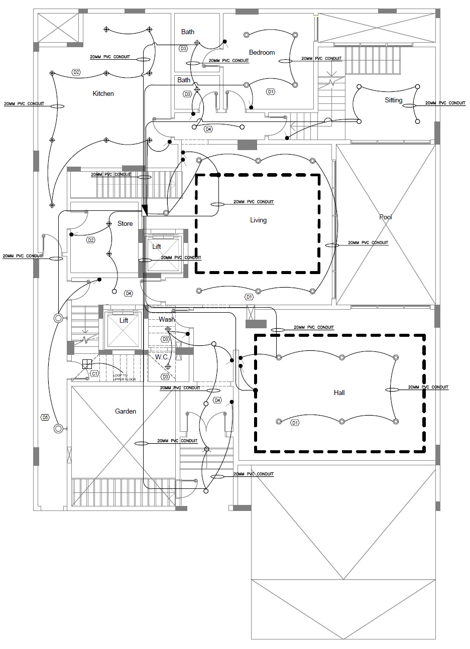 EPTM LTD residential electrical engineering design showing lighting points, switches, distribution boards and 20MM PVC conduit routing