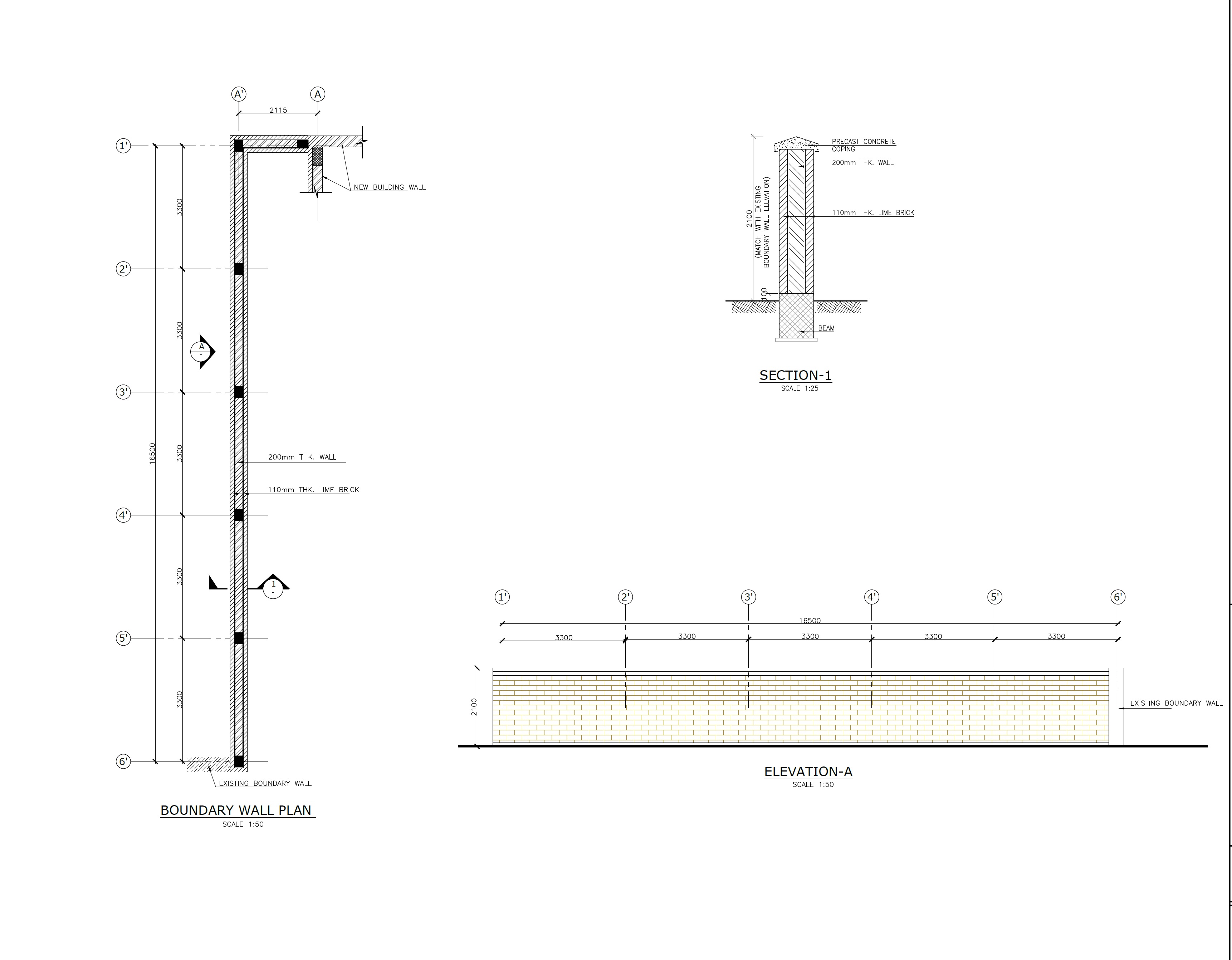 EPTM LTD architectural and civil design for boundary wall including blockwork, lime-brick cladding, precast coping, foundation interface, plan, section and elevation