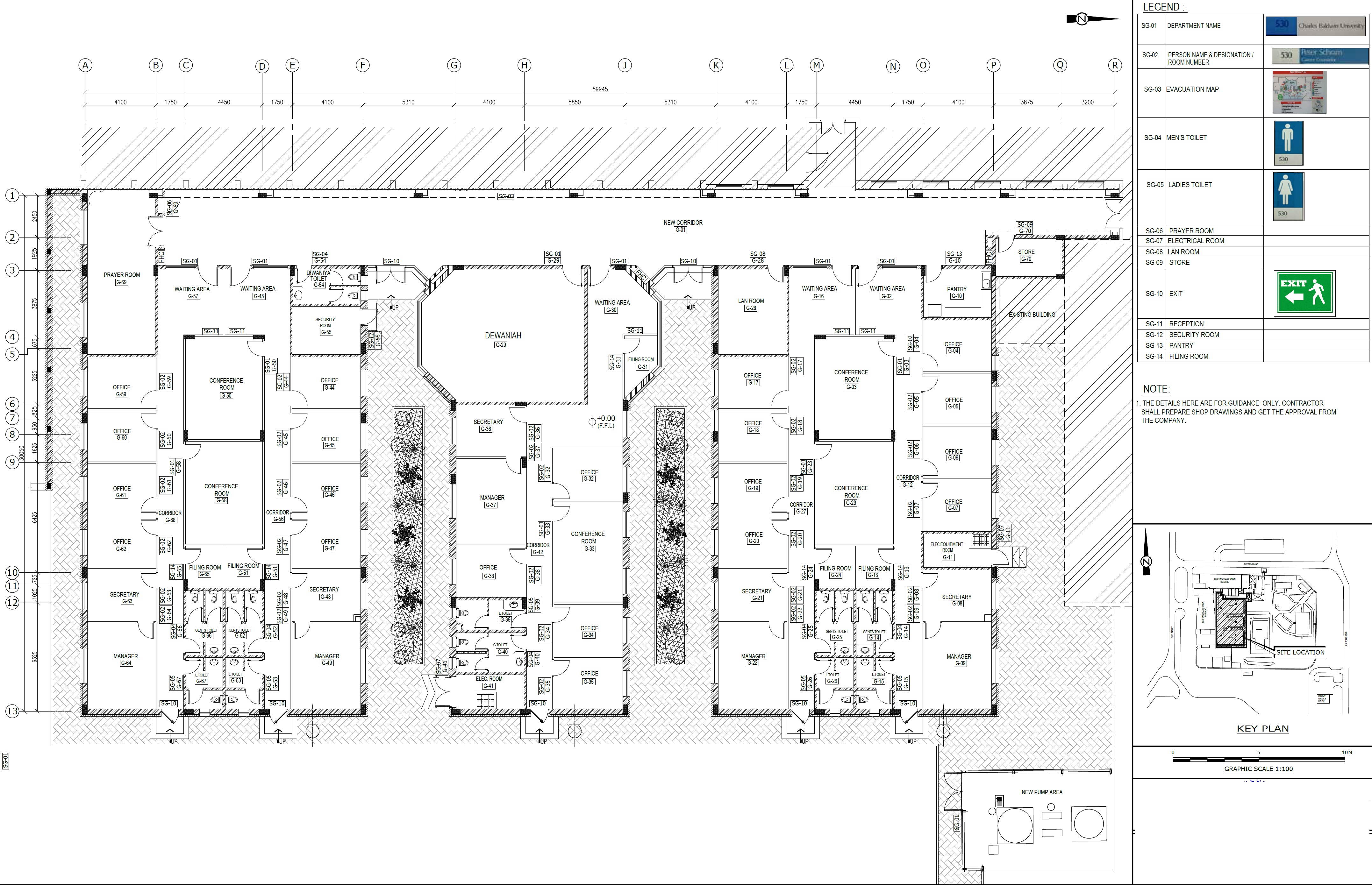 EPTM LTD architectural and wayfinding coordination for ground-floor office layout with SG-01 to SG-14 signage locations, room identification and circulation planning