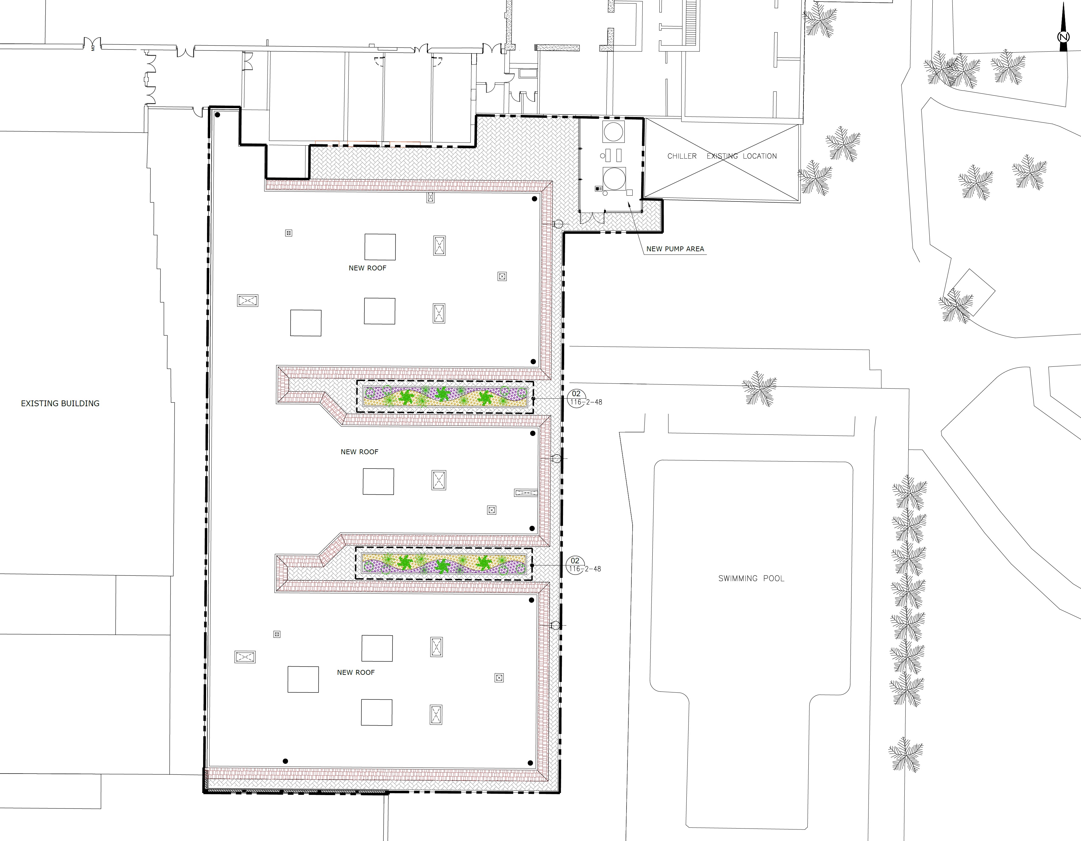 EPTM LTD site and landscape planning for new roof areas, planters, paving, pump and chiller interfaces, pool surroundings and drainage coordination