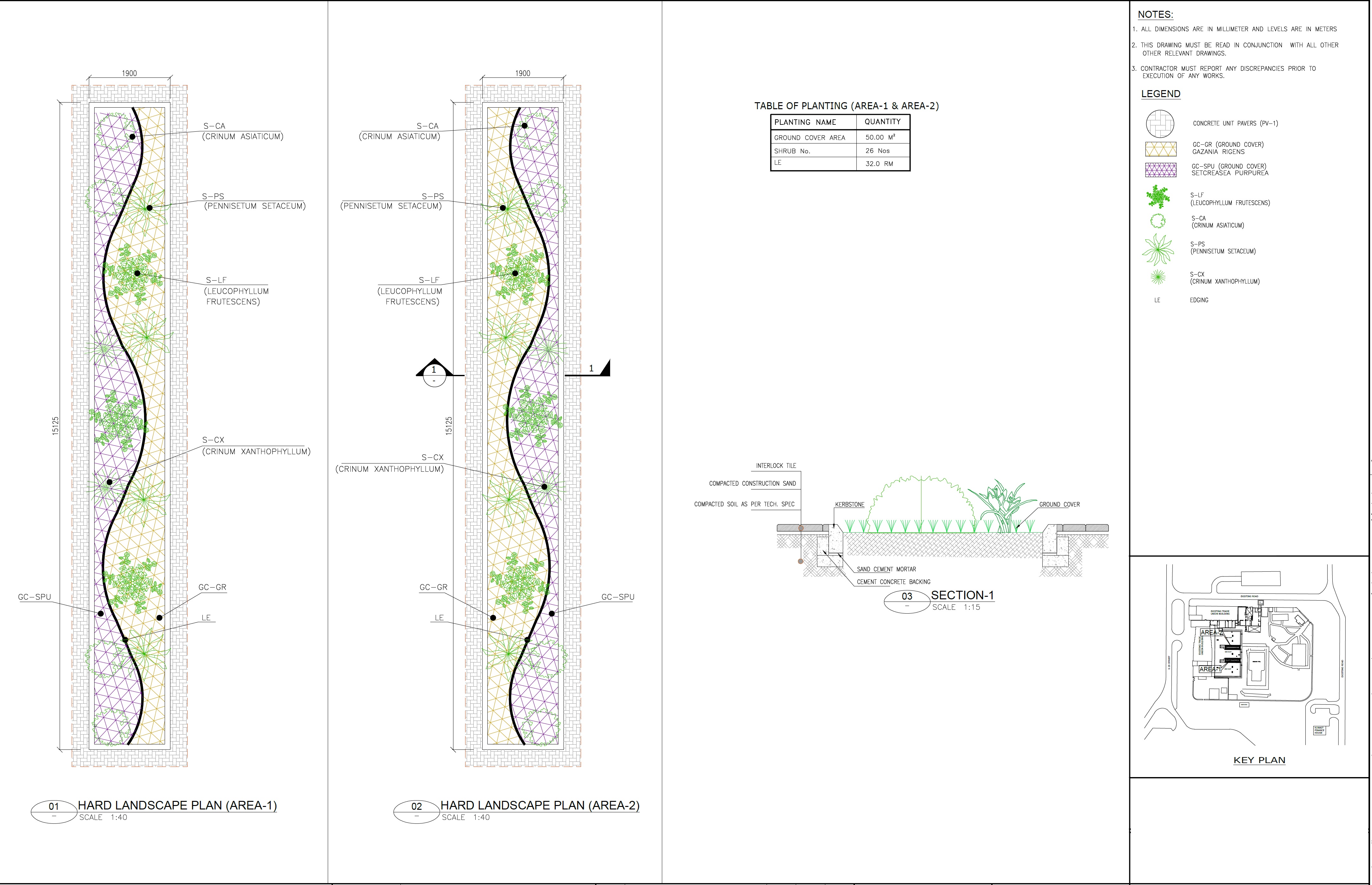 EPTM LTD landscape architectural design for planting areas, shrubs, groundcovers, edging, interlock paving, kerbstones and hardscape construction details
