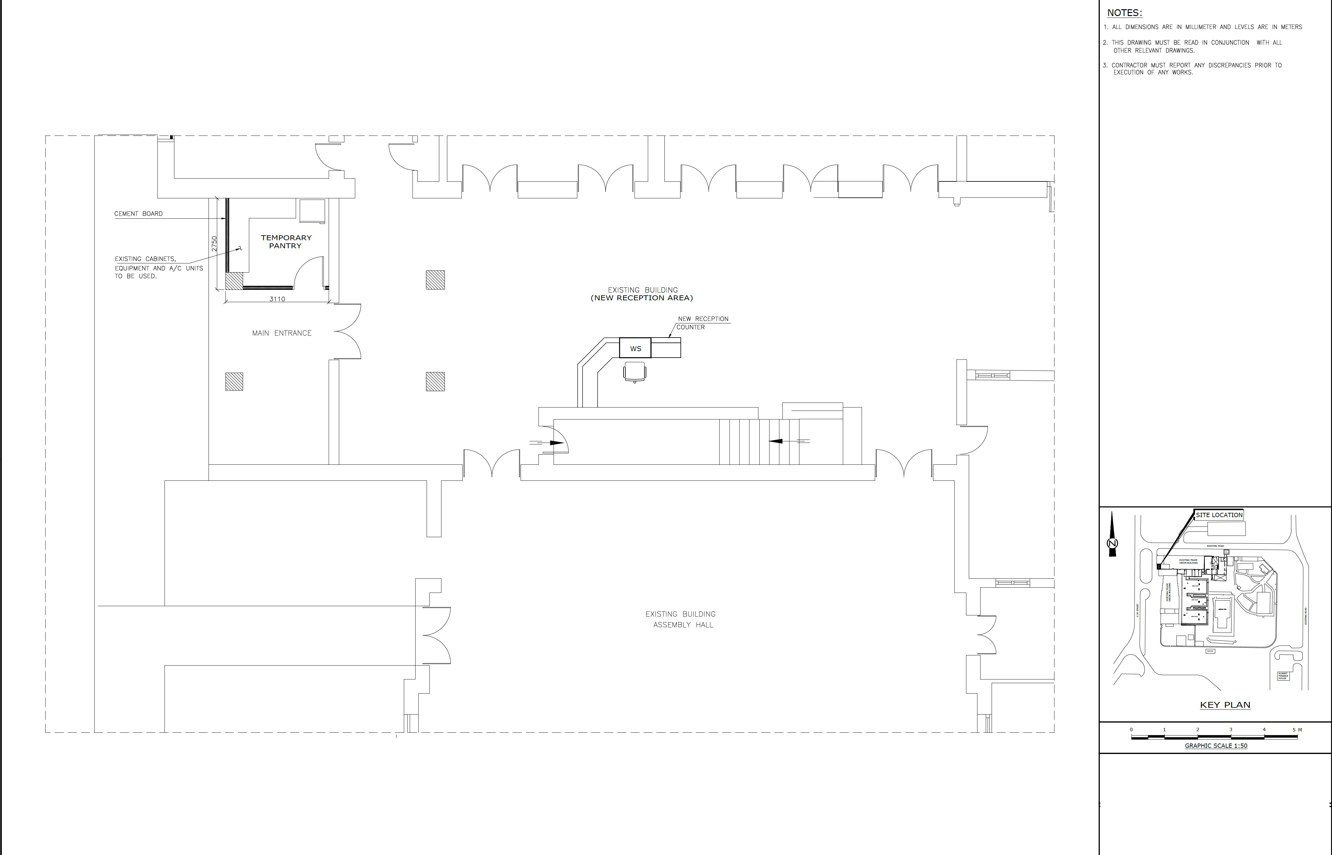 EPTM LTD architectural alteration and space-planning design for existing-building conversion to reception area with pantry, counter, circulation and retained services