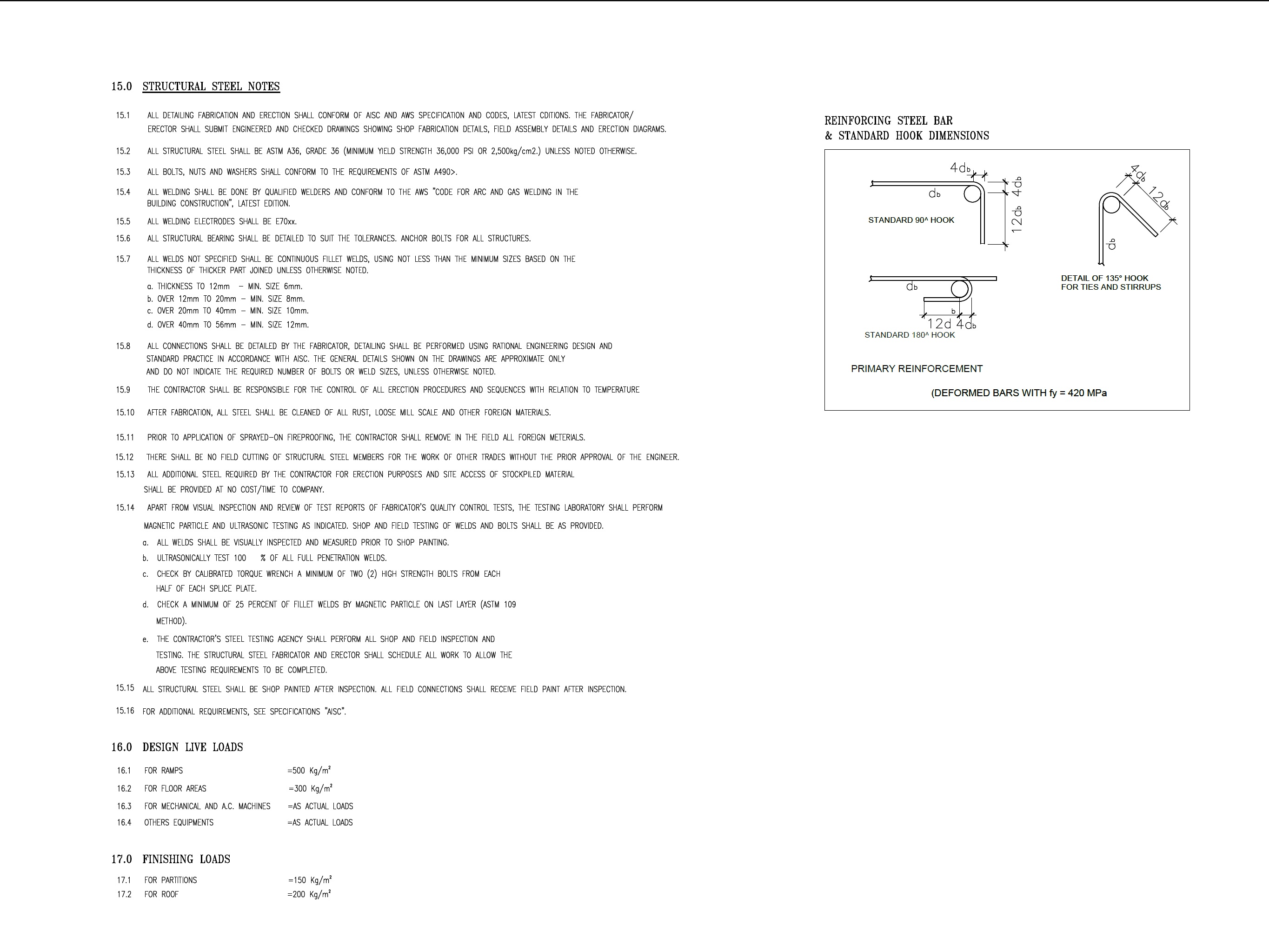 EPTM LTD structural engineering specifications covering steel materials, welding, bolts, design loads, inspection requirements and reinforcing-bar hook dimensions