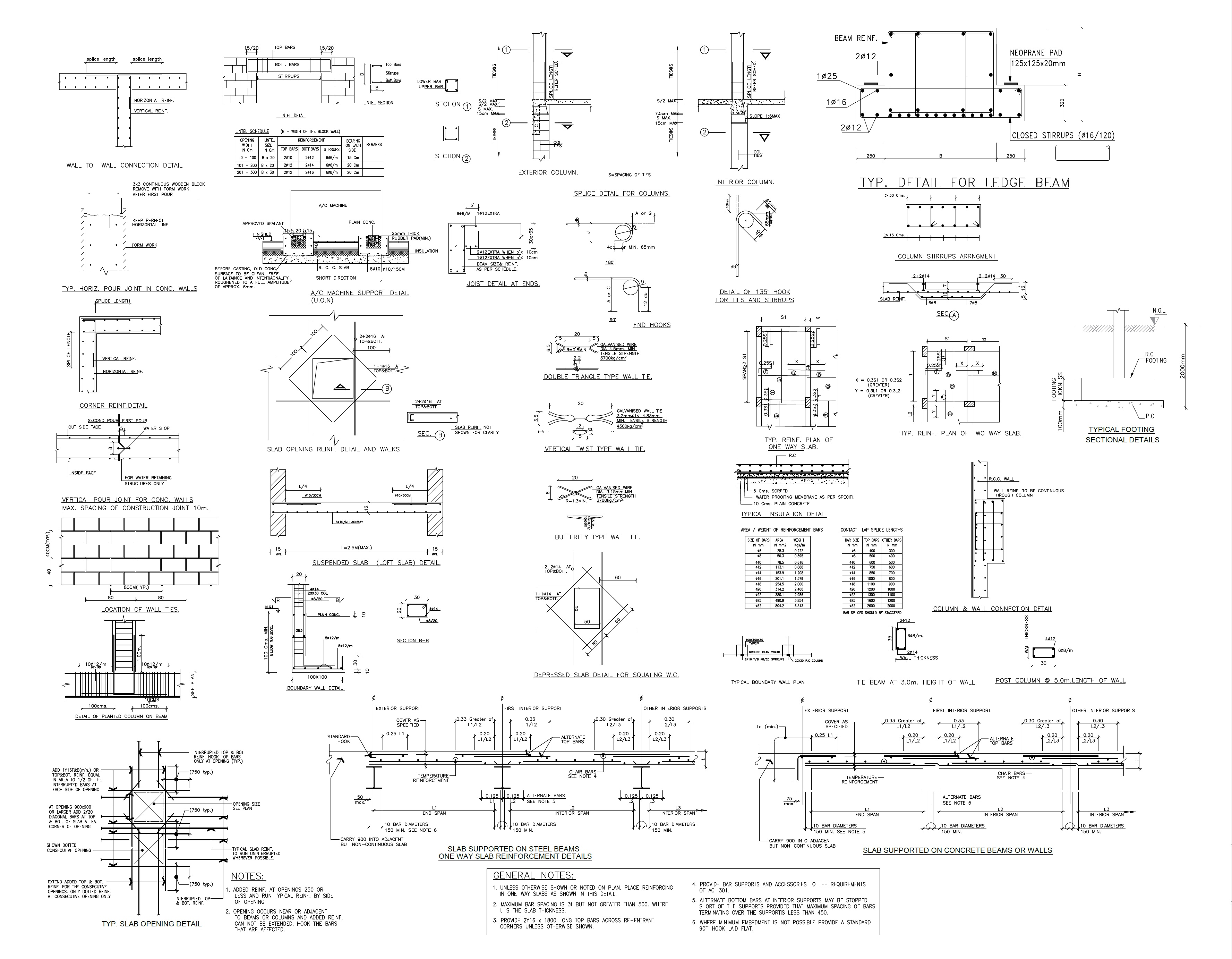EPTM LTD structural engineering documentation for concrete and masonry details including beams, walls, slab openings, footings, reinforcement and equipment supports