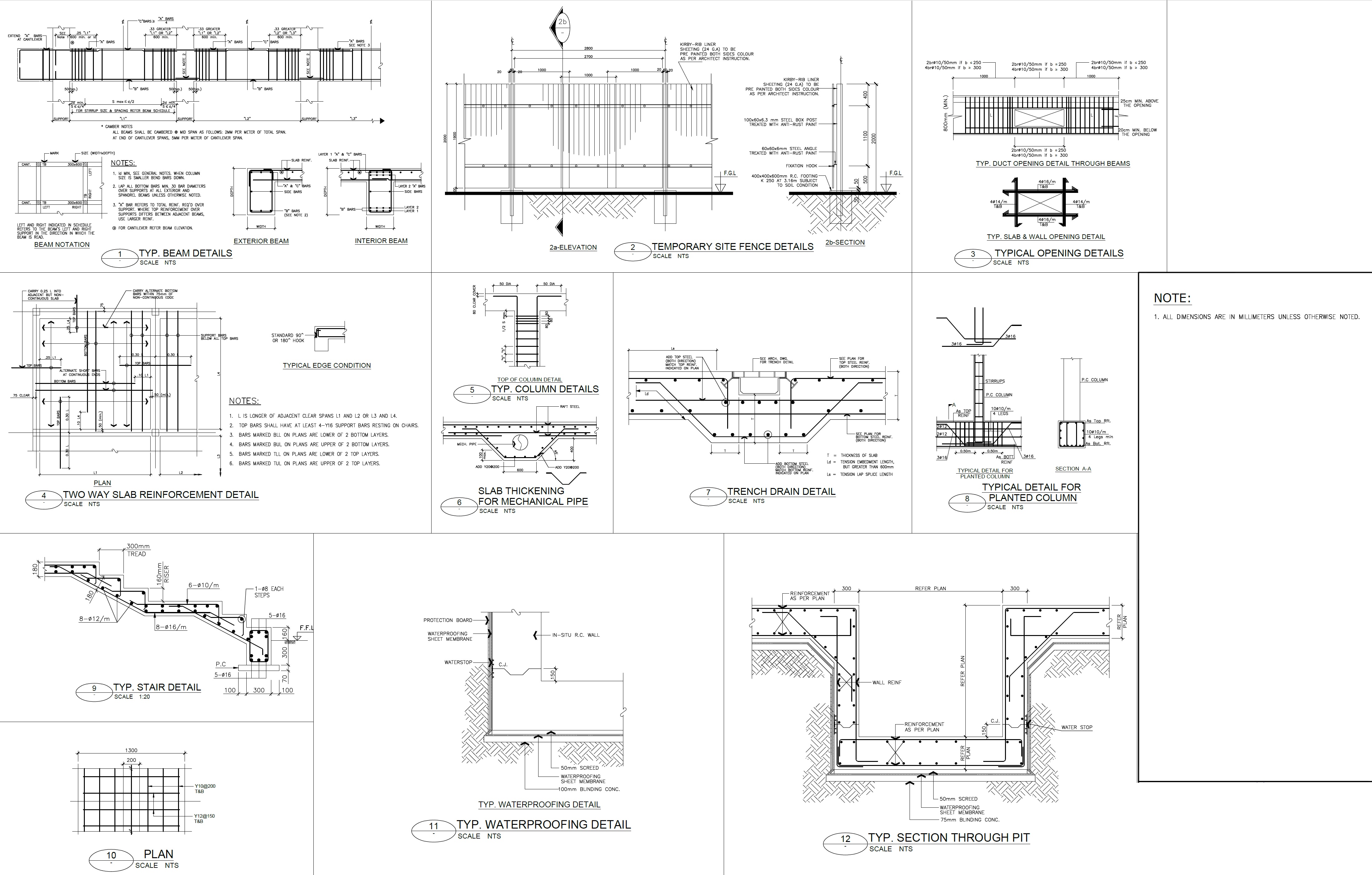 EPTM LTD structural engineering detailing for beams, slabs, columns, openings, stairs, waterproofing, trench drainage and MEP structural interfaces