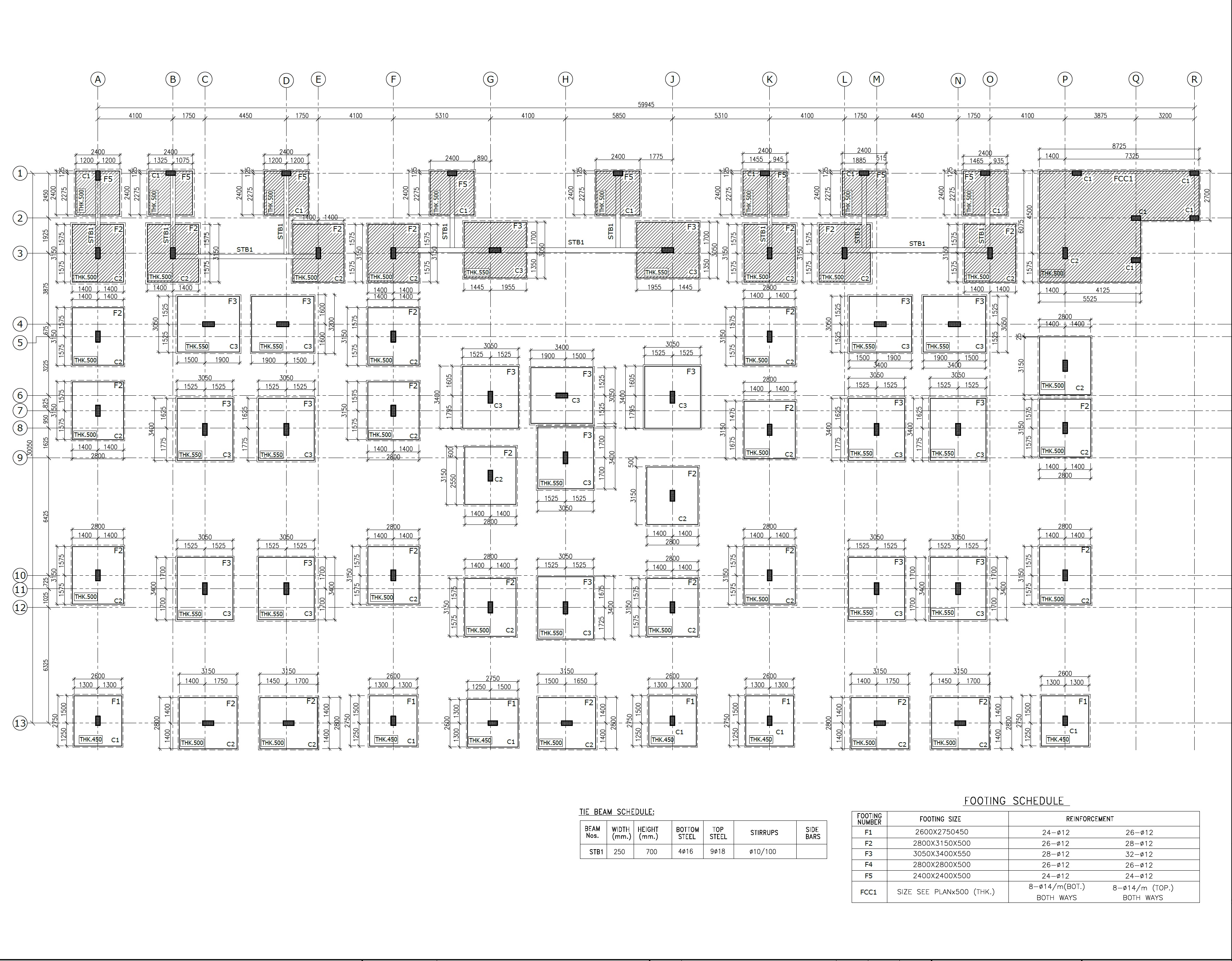 EPTM LTD structural foundation engineering design showing isolated and combined footings, reinforcement schedules, column interfaces and tie-beam details