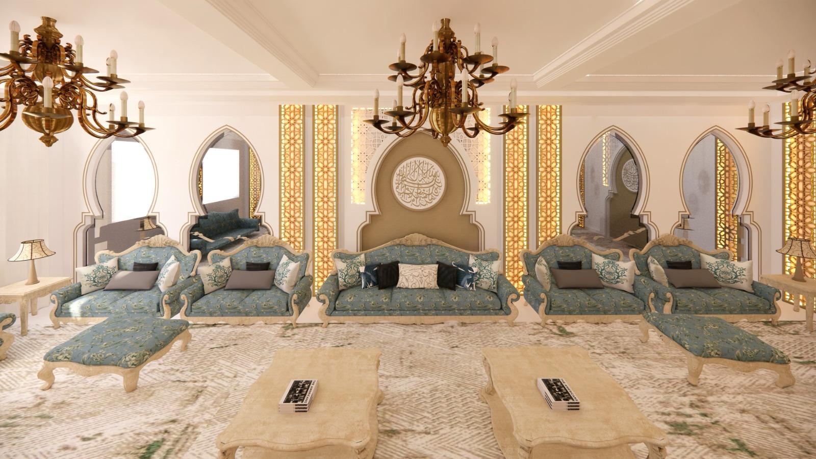 EPTM LTD luxury Dewaniya interior décor design and visualisation with arches, mashrabiya, feature lighting, furniture planning and coordinated finishes