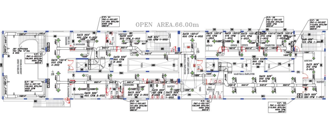 EPTM LTD HVAC engineering design showing duct routing, SACD diffusers, packaged AC units, CFM airflow requirements and coordinated mechanical services